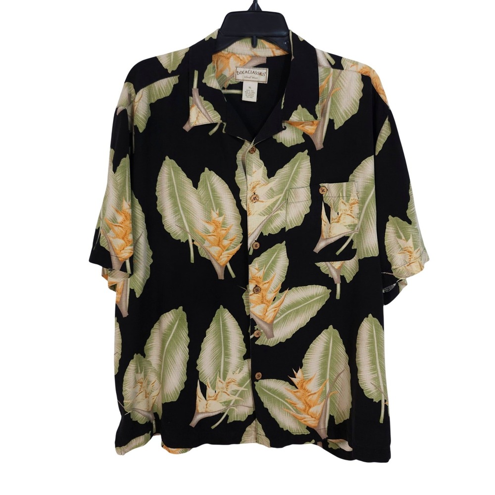 Boca Classics Island Wear Silk Button Up Camp Shirt XL Black Floral Tropical